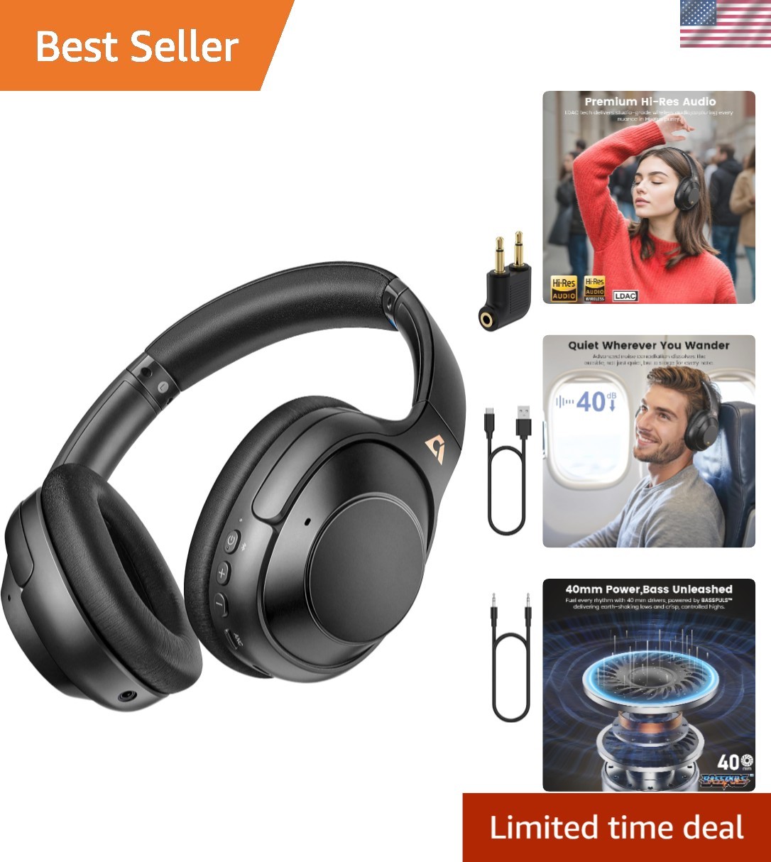 Hybrid ANC Over-Ear Headphones with LDAC Audio & 100 Hours Wireless Playback