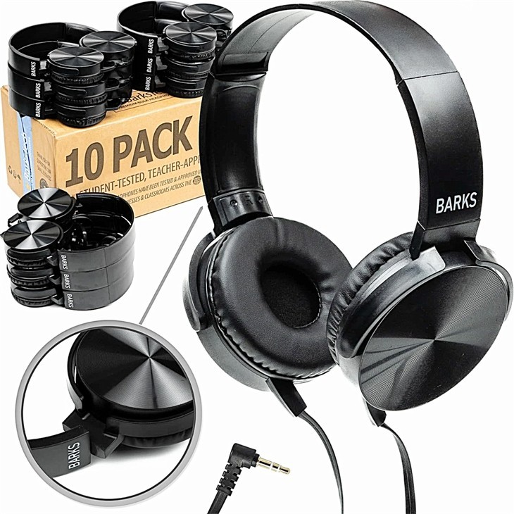 Barks 10 Pack Black Over-Ear Headphones 3.5 plug style for Students and adults
