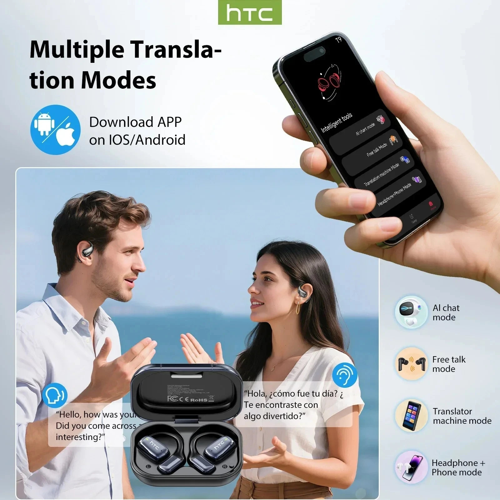 HTC NE25 AI Translator Wireless Earbuds – Bluetooth 5.3 Touch Screen Headphones