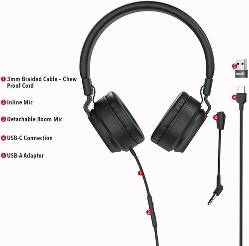 Maxell HPBMT1 USB-C Full Cup Wired Headphone with Boom MIC Black [New Headphone]