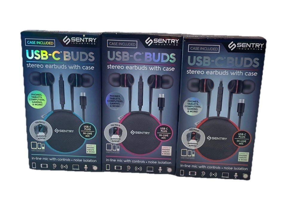 3 Sentry USB-C EarBuds with In line mic with Case, noise isolation- New in Box