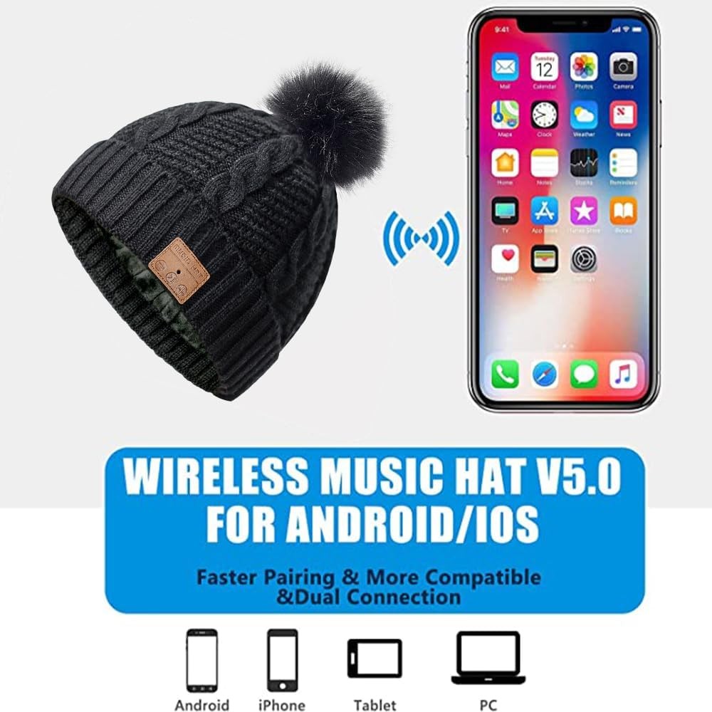 Bluetooth Beanie Hat Women Sport Wireless Music Stereo Headphones Mic Pompon
