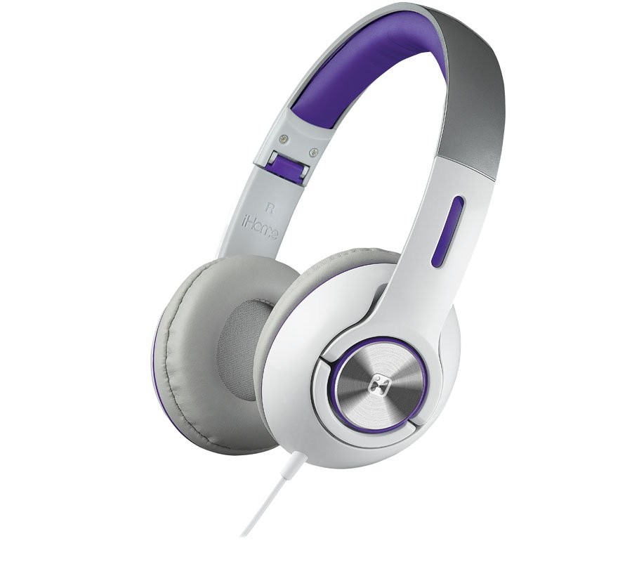 iHome Folding 3.5mm Headphones with Travel Pouch (White/Purple)
