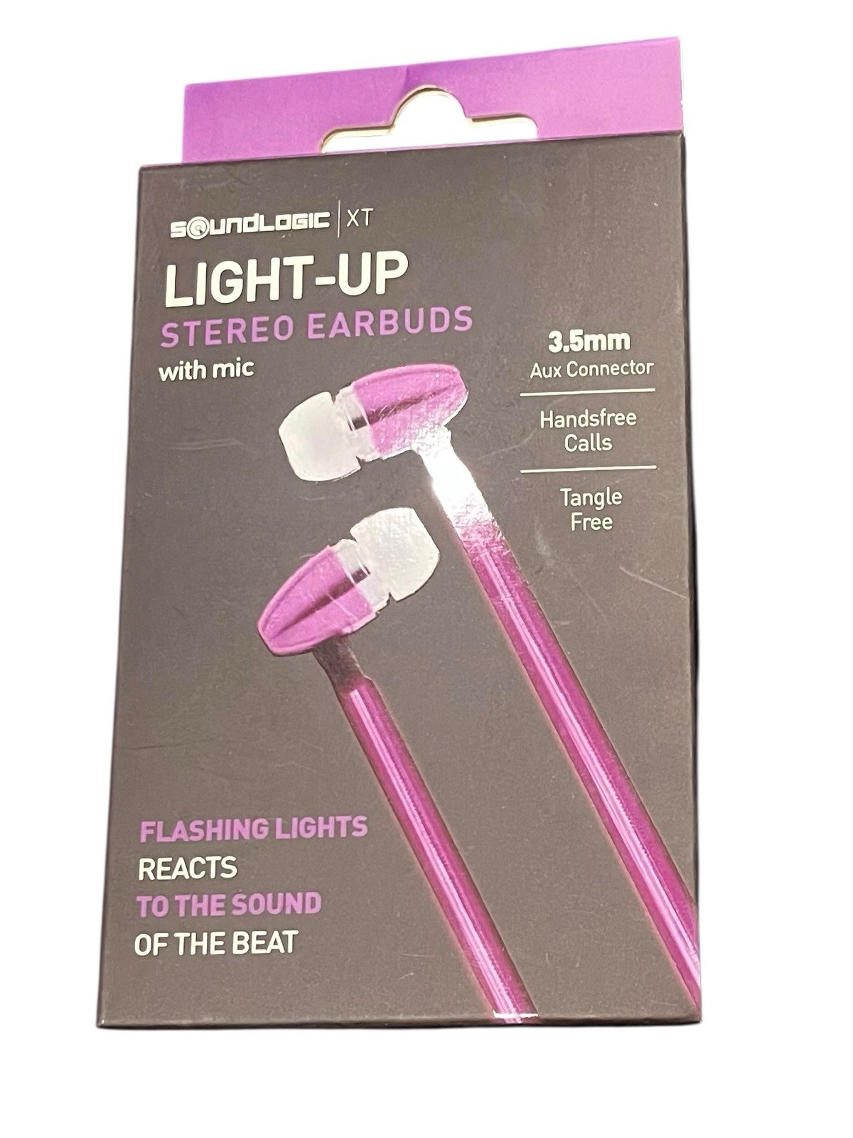 SoundLogic XT Light-Up Stereo Earbuds Mic 3.5mm Flashing Beat Reactive Purple