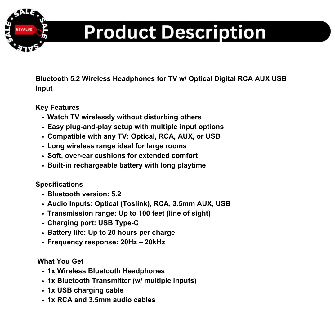Bluetooth 5.2 Wireless Headphones for TV w/ Optical Digital RCA AUX USB Input