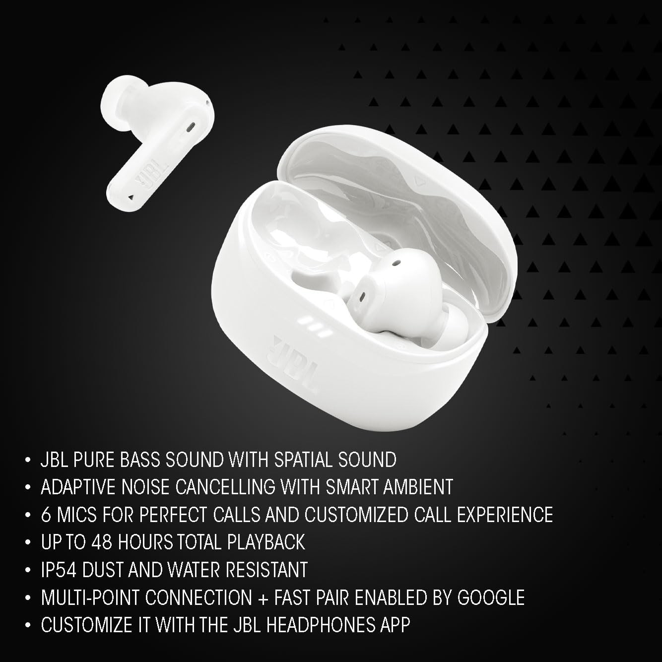 JBL Tune Beam 2 TWS, ANC Earbuds, 48Hr Playtime,Dual Connect,6 Mics, WHITE