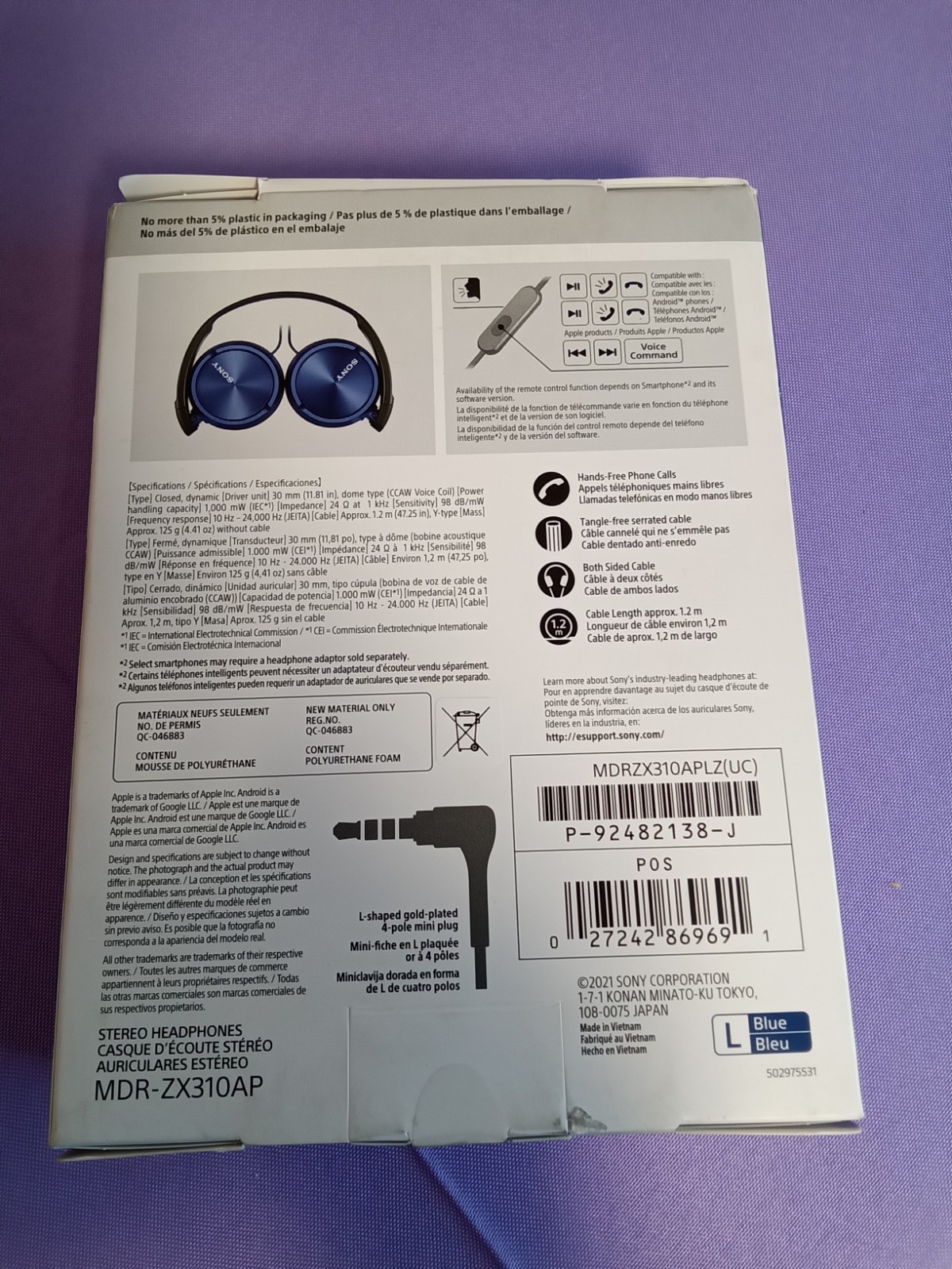 Sony MDR-ZX310AP Wired On-Ear Stereo Headphones 3.5mm Mic/Remote Blue