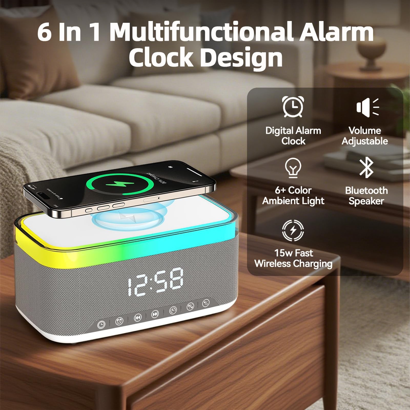 Bluetooth Speaker with Wireless Charging & Digital Clock, LED Display, 15W Qi…