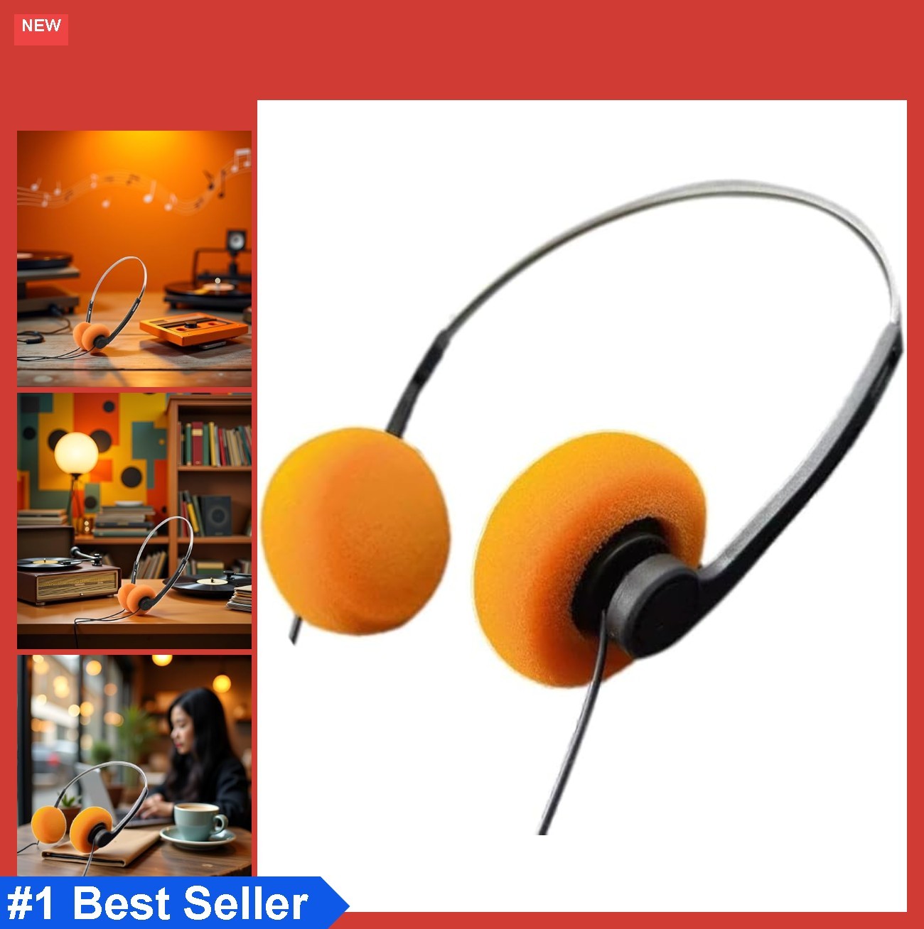Retro Over Ear Headphones Orange Hi Fi Stereo Wired For Music Listening