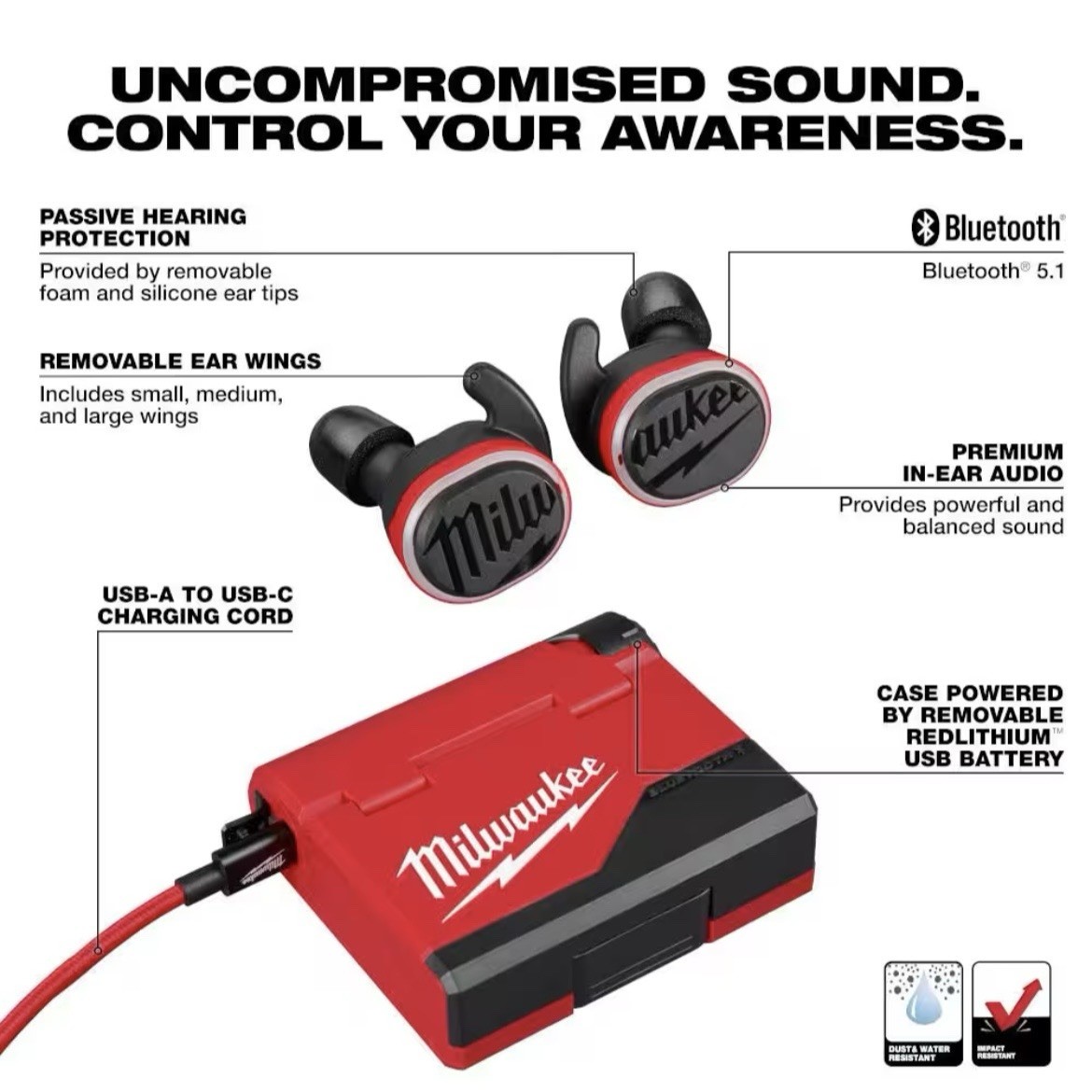 Milwaukee 2191-21 Red Lithium USB Bluetooth Jobsite Ear Buds
