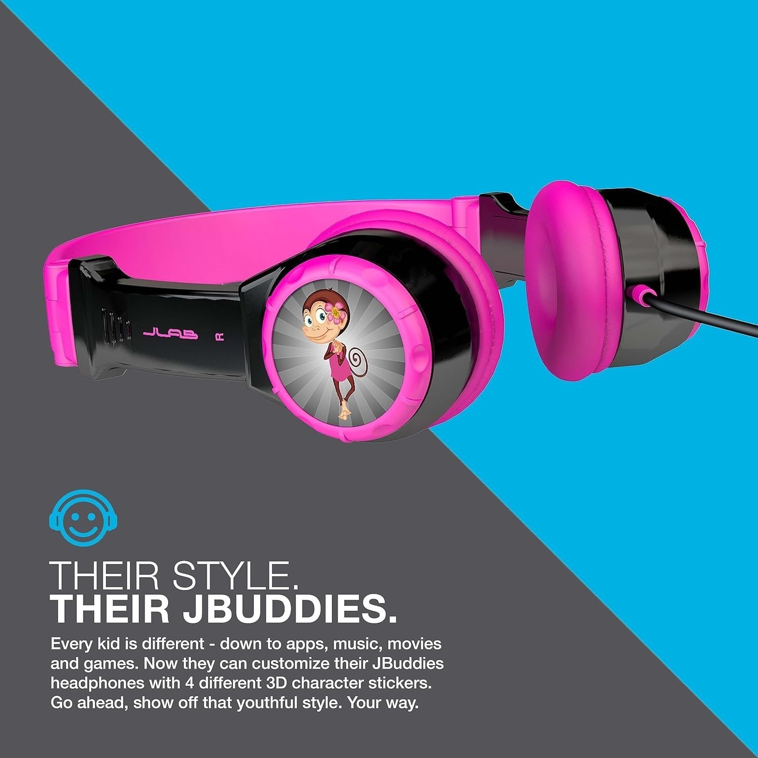 JLab JBuddies Kids headphones with volume limit, black, foldable (Black/Pink)