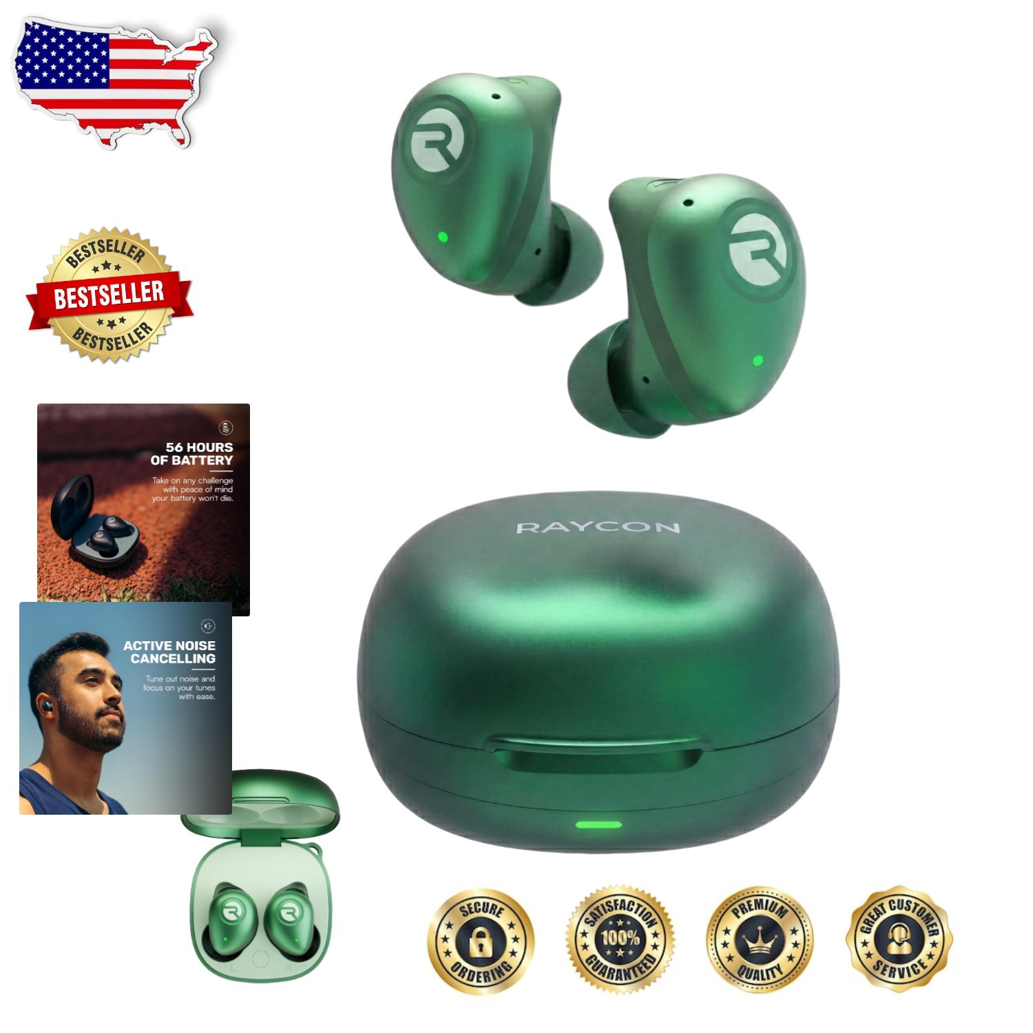 Green Bluetooth Earbuds ANC 56H Playtime Sweatproof Fitness Headphones