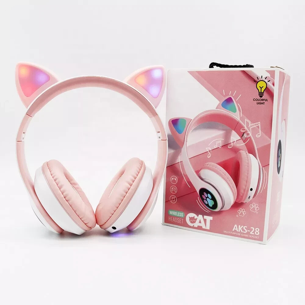 AKS-28 Wireless Over-Ear Headset with Cute Pink Cat Ear Design -Great for Girls