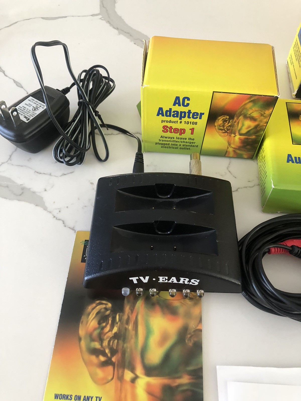 2 Sets Of TV Ears+ Sound Booster Headphones 95 KHz 2 Charging Bases-Cord-Plugs