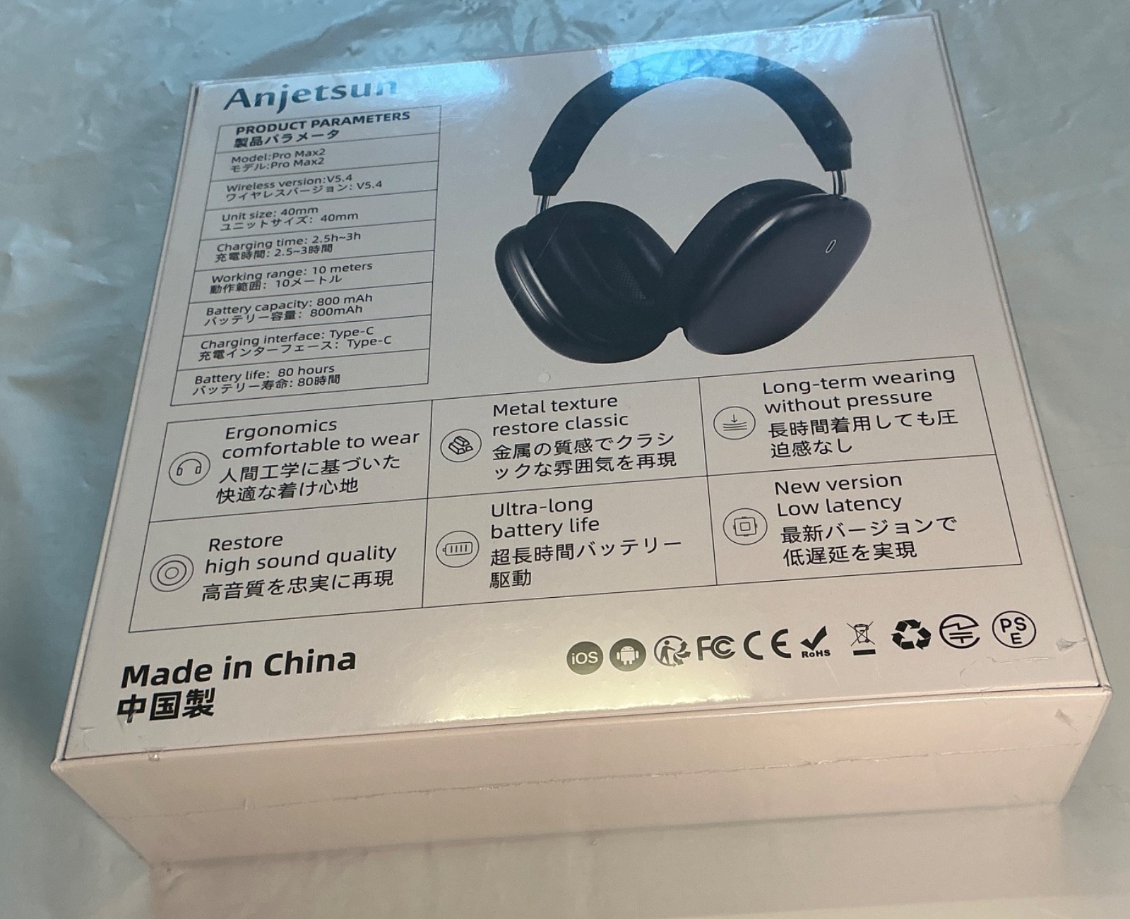 Anjetsun ANC Wireless Over Ear Headphones W/ Mic & Touch Control Pro Max2 -Black