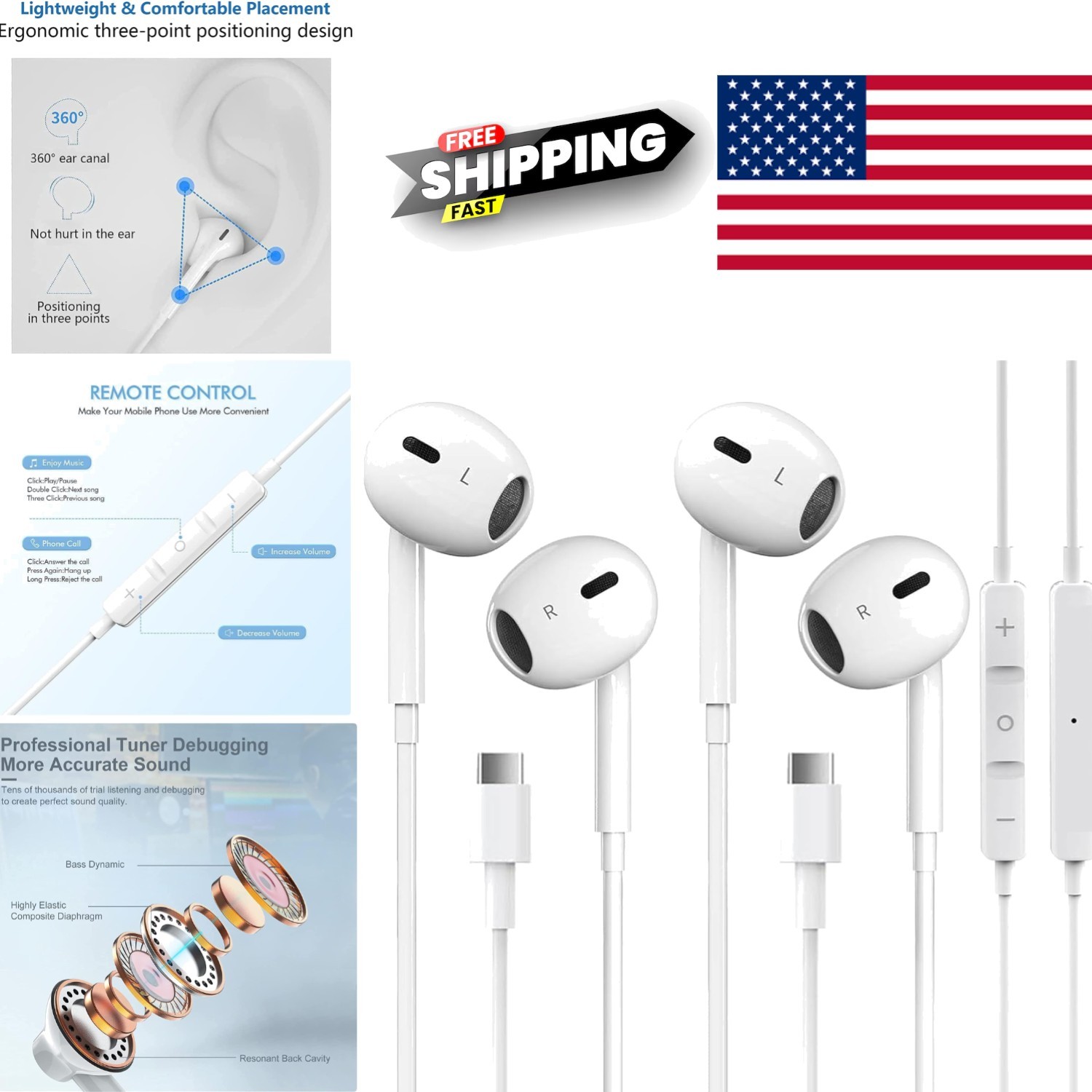 2 Packs USB C Headphones with Metal Connectors for iPhone and Samsung Devices