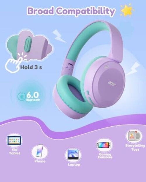 acer Kids Bluetooth Headphones, 85/94dB Volume Limiter, Foldable Purple Green