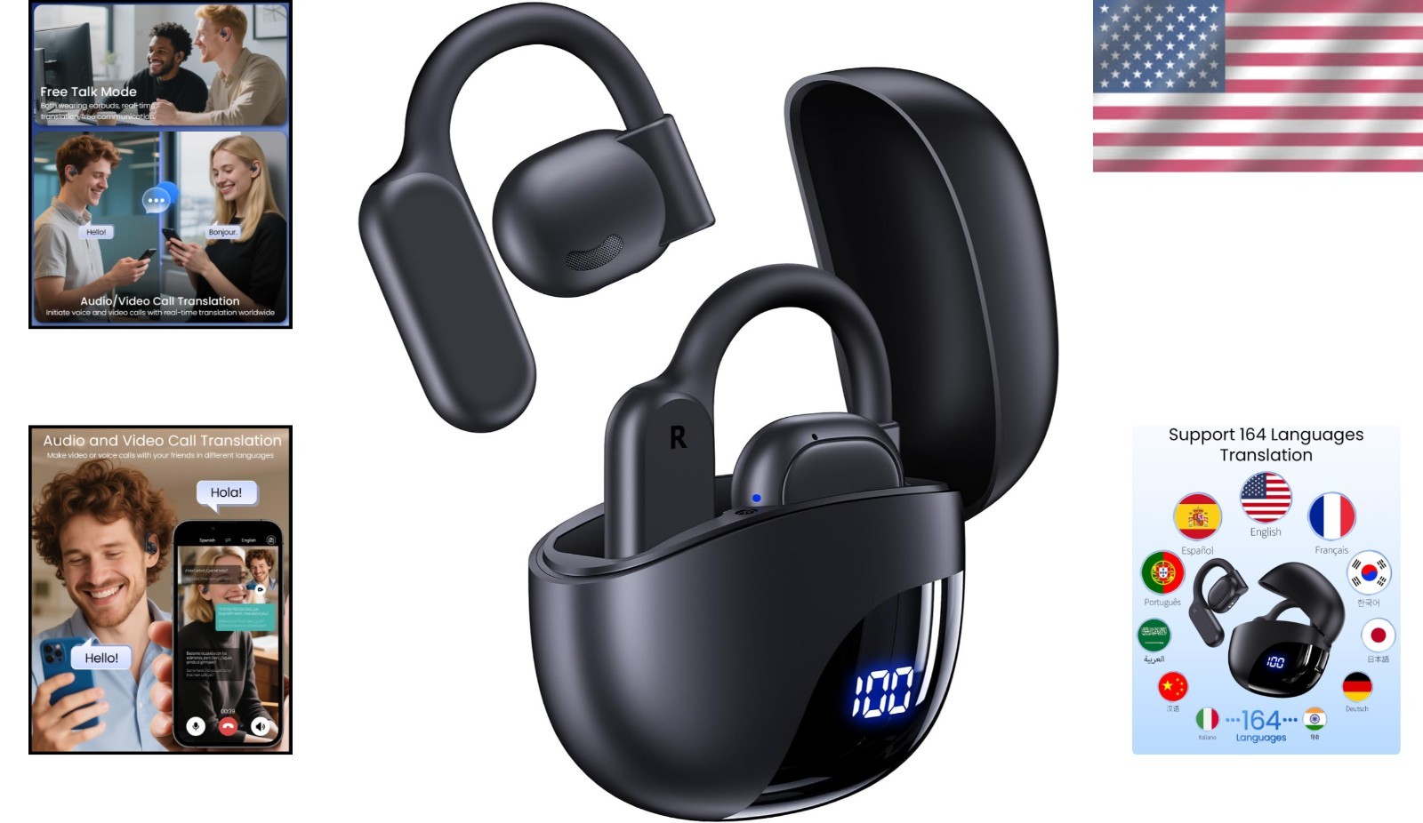 AI Translation Earbuds Real-Time 164 Languages 80H Playtime Wireless Bluetooth