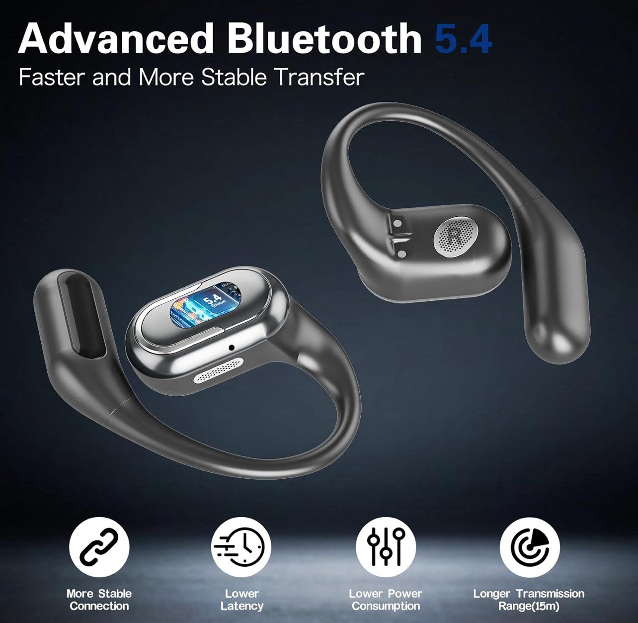 Open-Ear Bluetooth 5.4 Headphones Wireless Earbuds Sport Headset Touch Screen