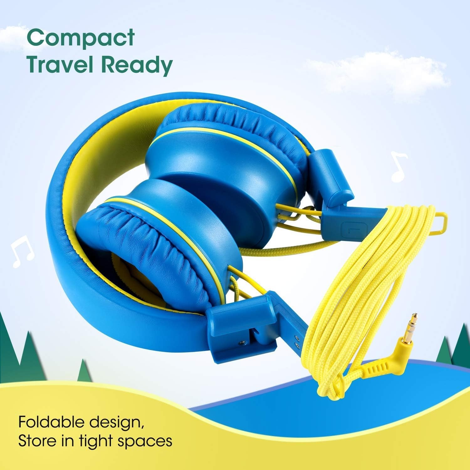 Kids Headphones- K33 Foldable Stereo Tangle-Free 5ft Long cord 3.5mm Jack Plu…