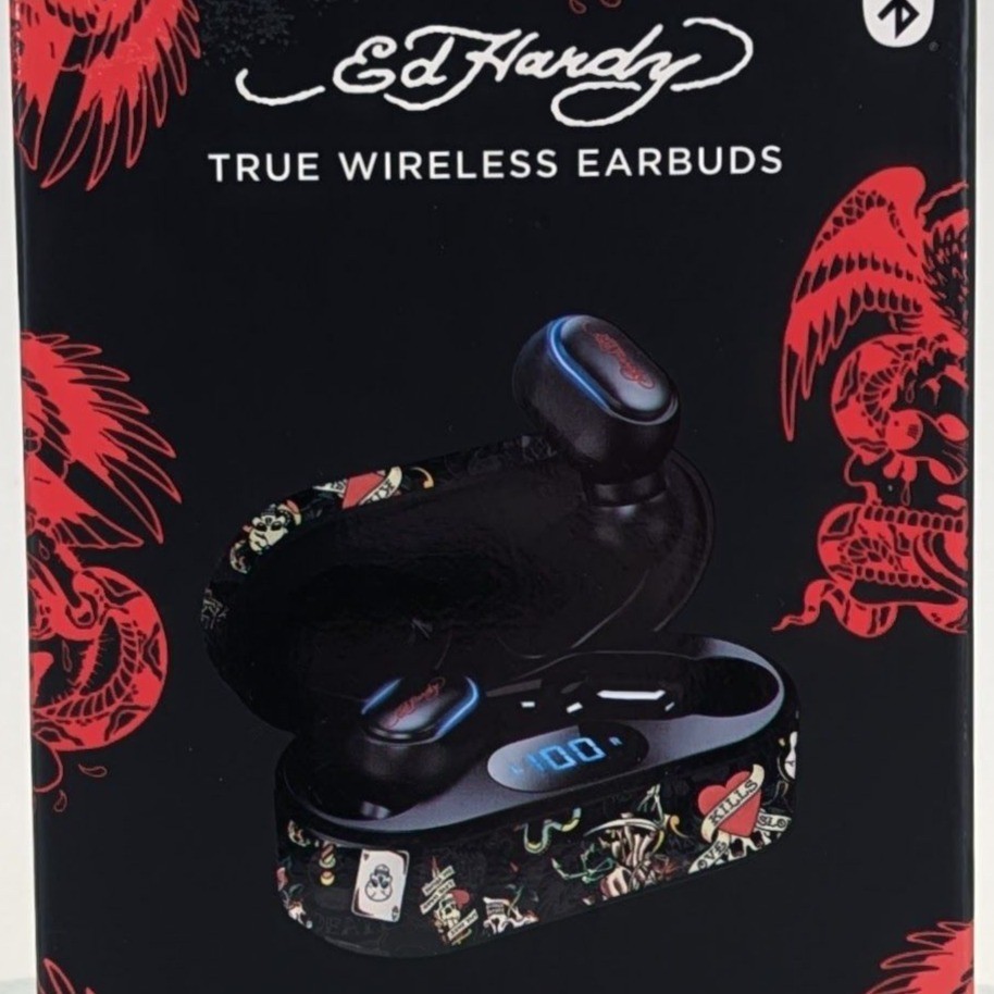 Ed Hardy True Wireless Earbuds Charging Case Bluetooth Black Love Kills Slowly