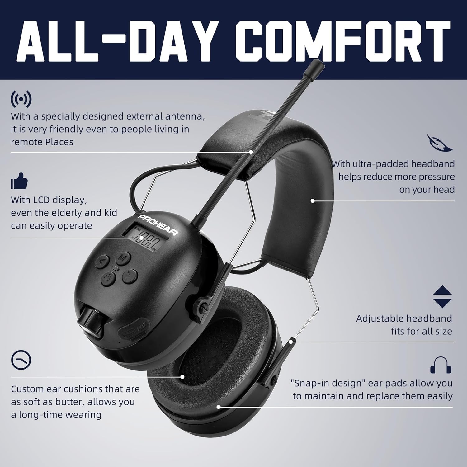 Noise Cancelling Bluetooth Headphones with FM Radio for Mowing and Construction