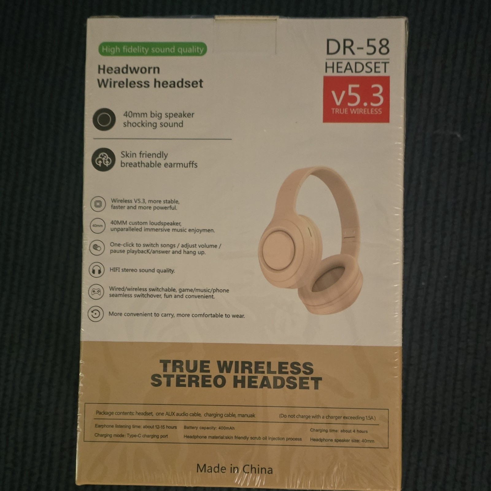 DR-58 v5.3 True Wireless Stereo Headband Headset, 40mm Stereo, Dolomite White