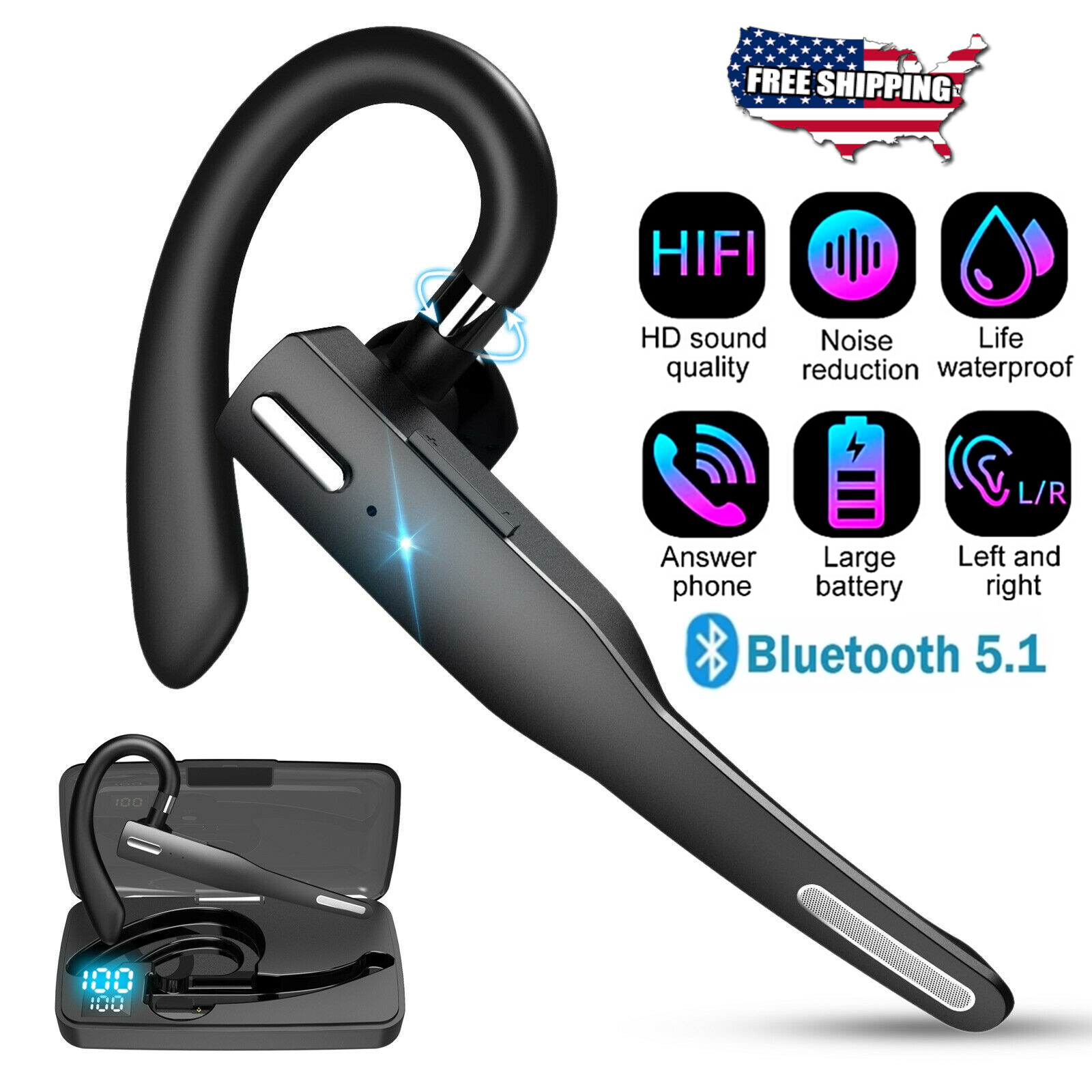 Bluetooth 5.1 Wireless Headset Earpiece Mic Earbud Noise Cancelling Headphone US