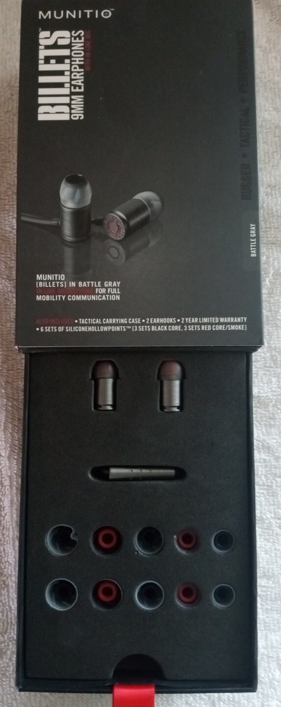 Munitio Billets 9mm Earphones in-line Mic Battle Gray Tactical Case Open Box