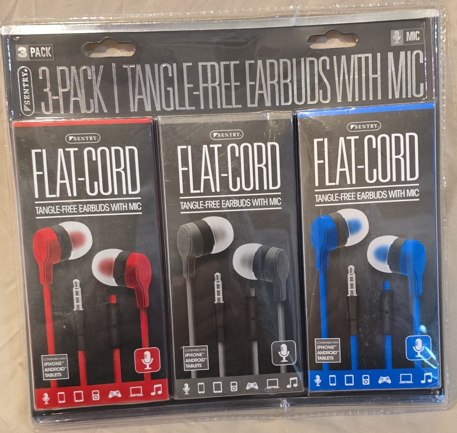 Sentry Flat-Cord Tangle-Free Earbuds w/ Mic 3.5mm 3-Pack Black/Blue/Red