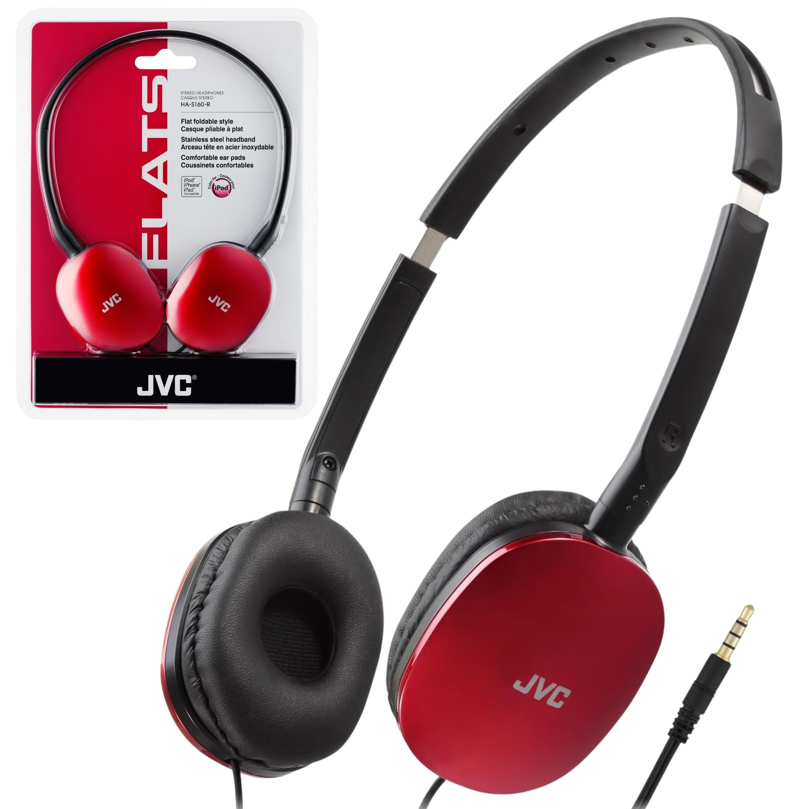 JVC Flats On-Ear Wired Headphones – Flat Foldable Design – 30mm One Size, Red