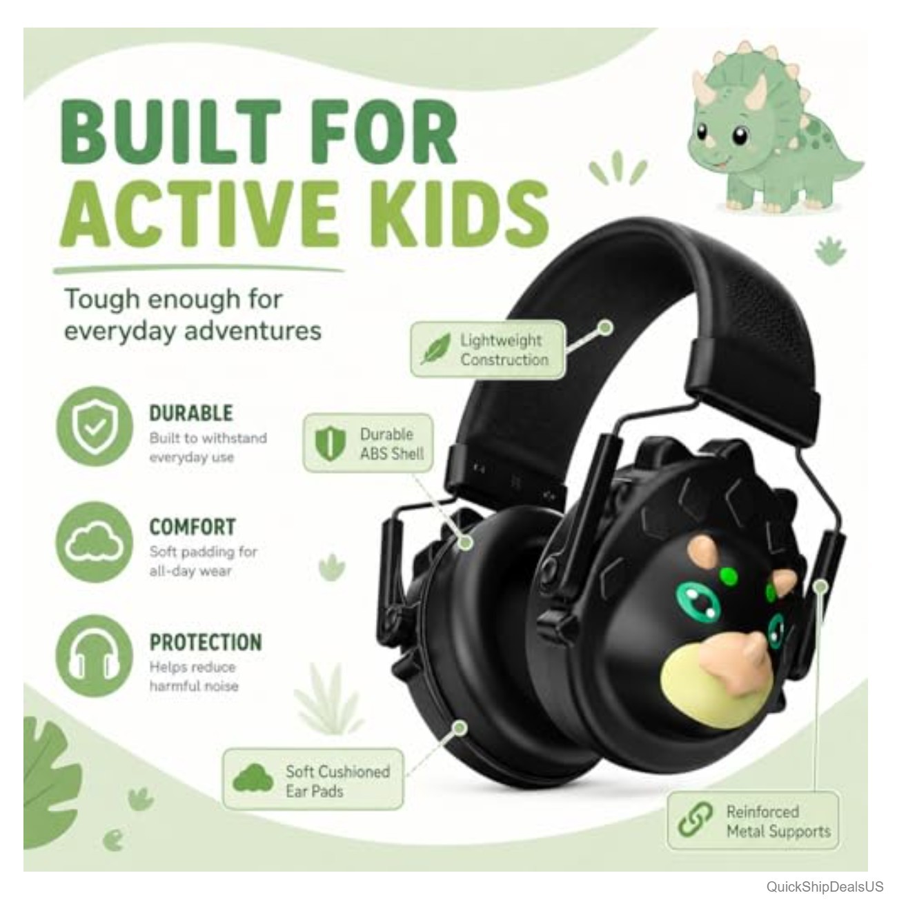 Kids Noise Cancelling Headphones Dinosaur Shaped Ear Muffs for Noise Reduction