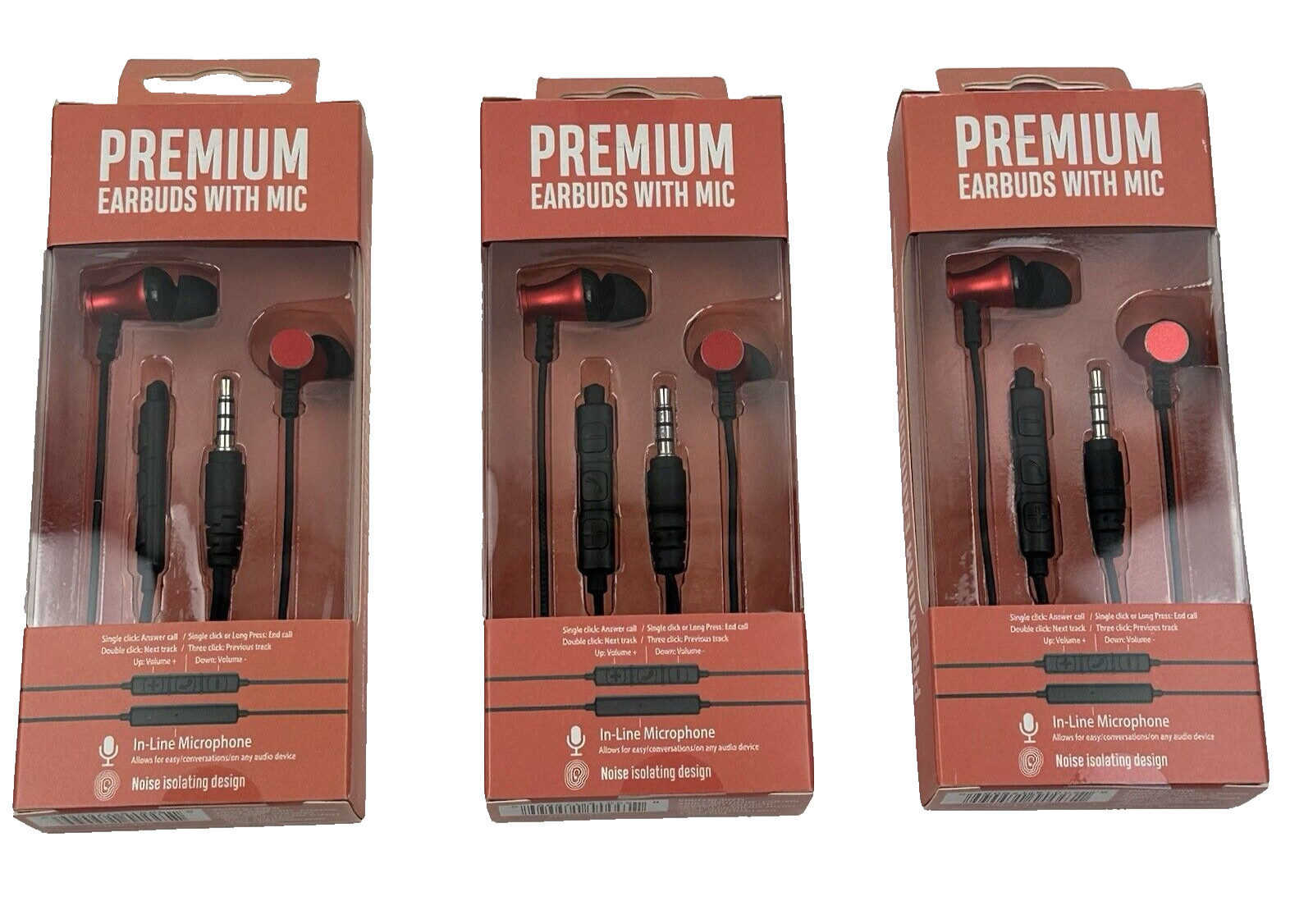 (3) Premium 35mm Wired Earbuds Headphones – Red With In Line Microphone