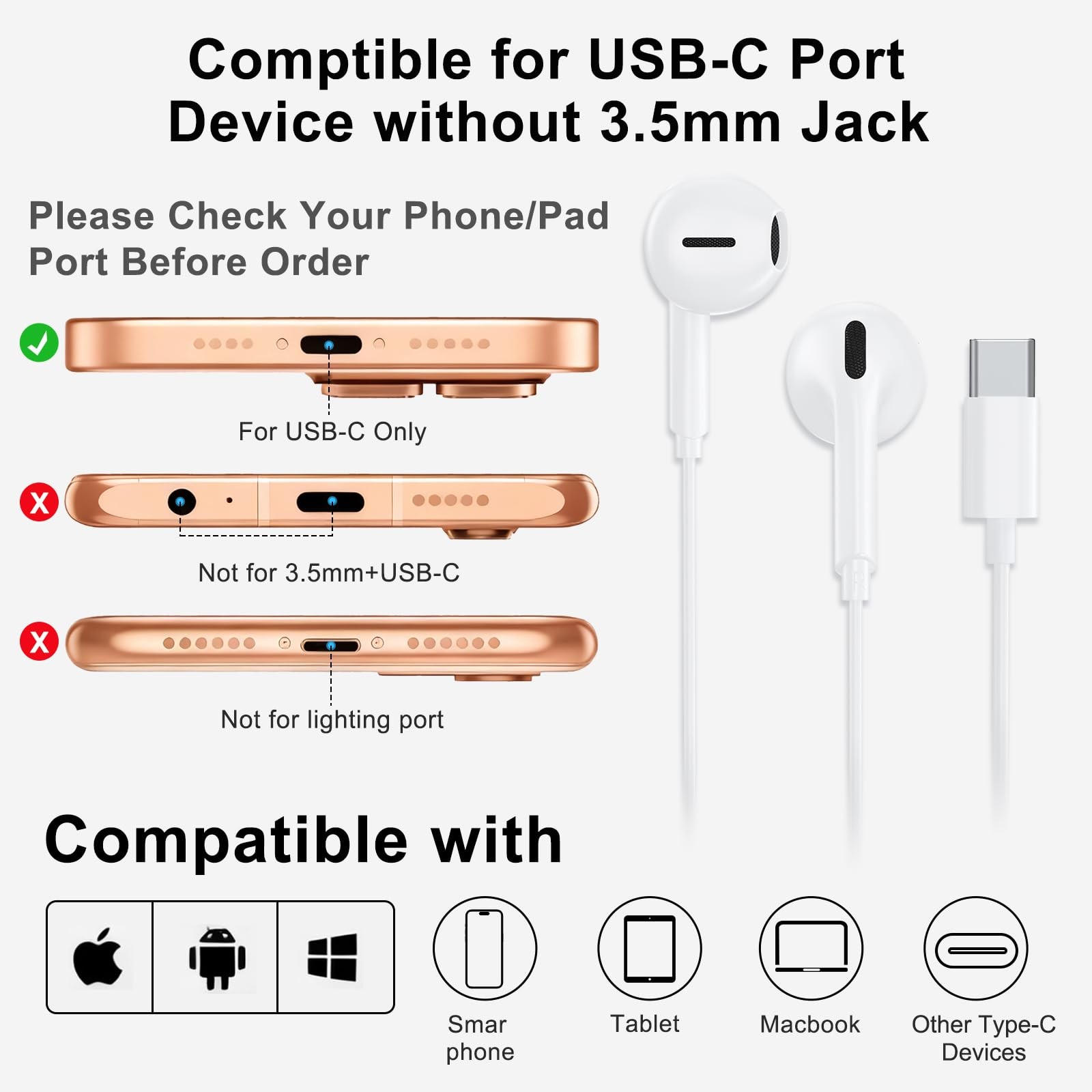 2 Pack USB C Wired Earbuds for iPhone 17/16/15 Pro Max Plus Standard, White
