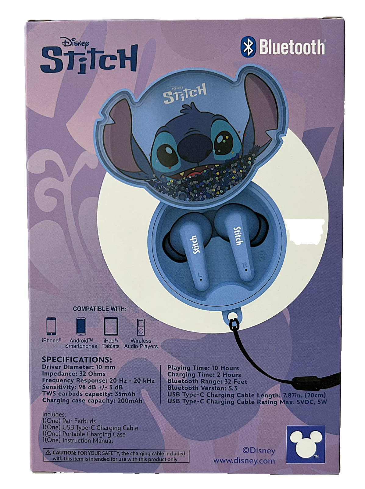 Disney Stitch Bluetooth True Wireless Earbuds Liquid Glitter Shake Brand New NIB