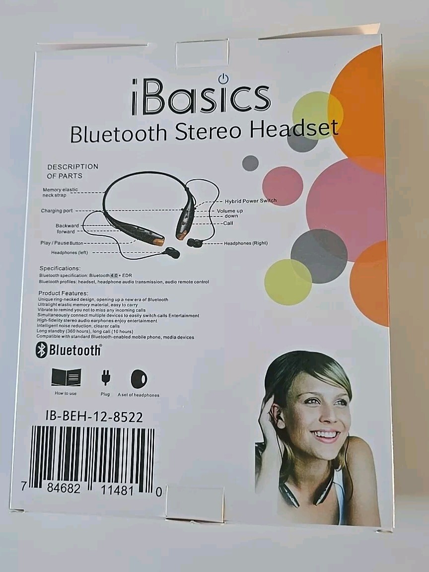 IBasics Bluetooth stereo headset New In Box! Phone Vibrate Alert 10 Hours