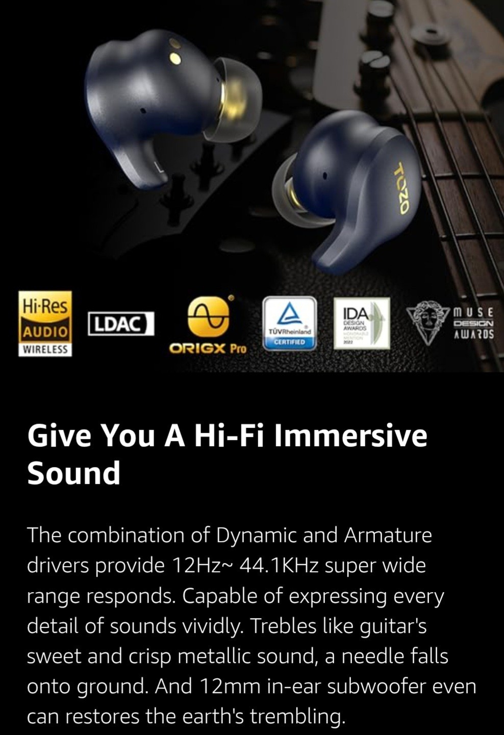 TOZO Golden X1 Galaxy Blue/Black Earbuds OrigX Pro, LDAC & Hi-Res Audio Wireless