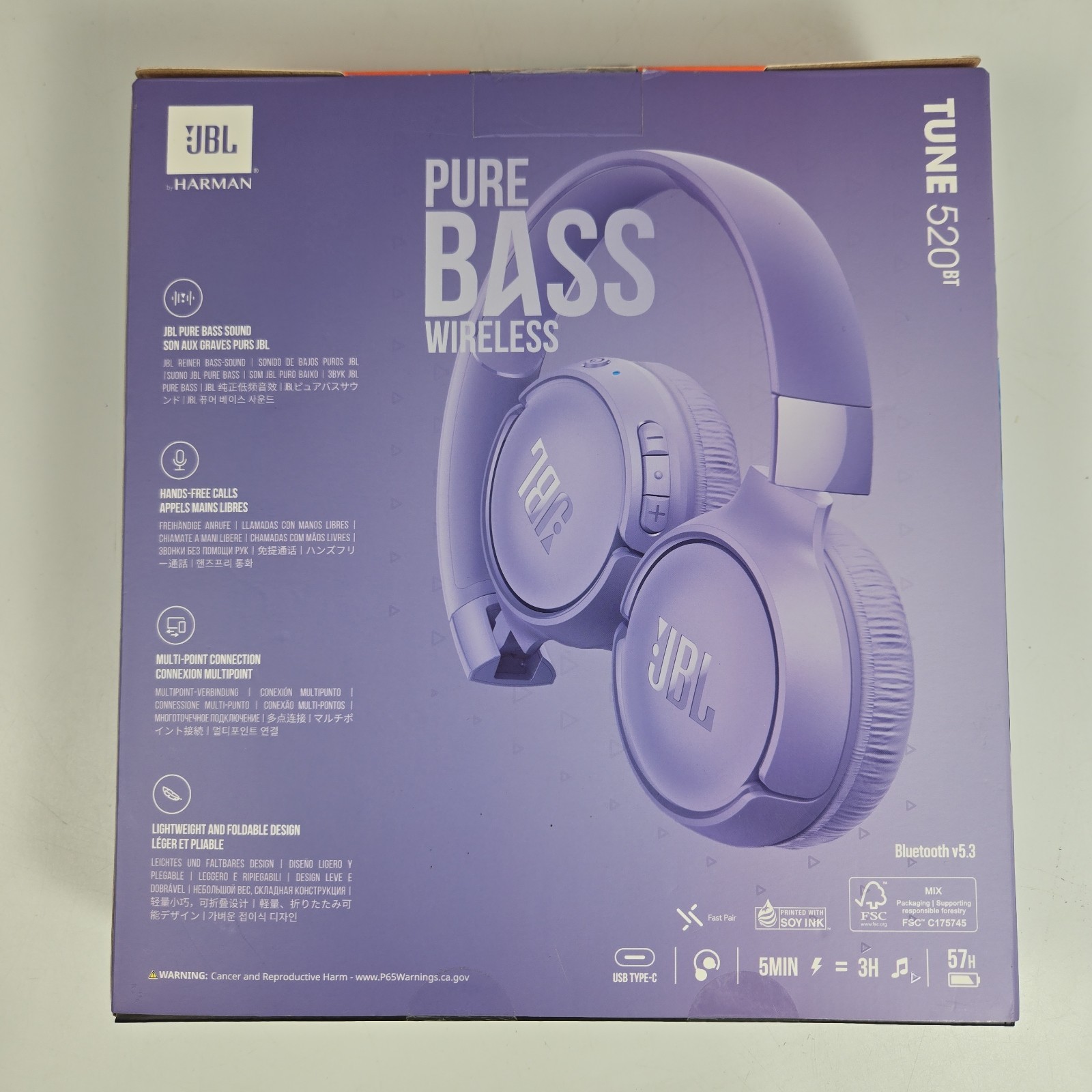 JBL Tune 520BT Pure Bass Wireless Bluetooth Headphones | Purple