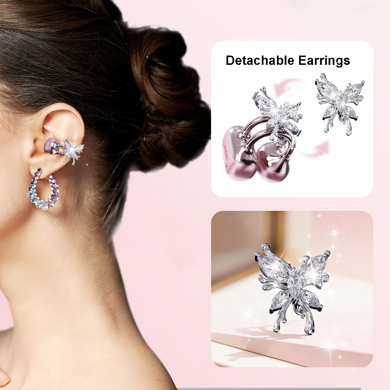 Clip-On Open Ear Earbuds with Detachable Crystal Butterfly Earrings, Bluetoot…