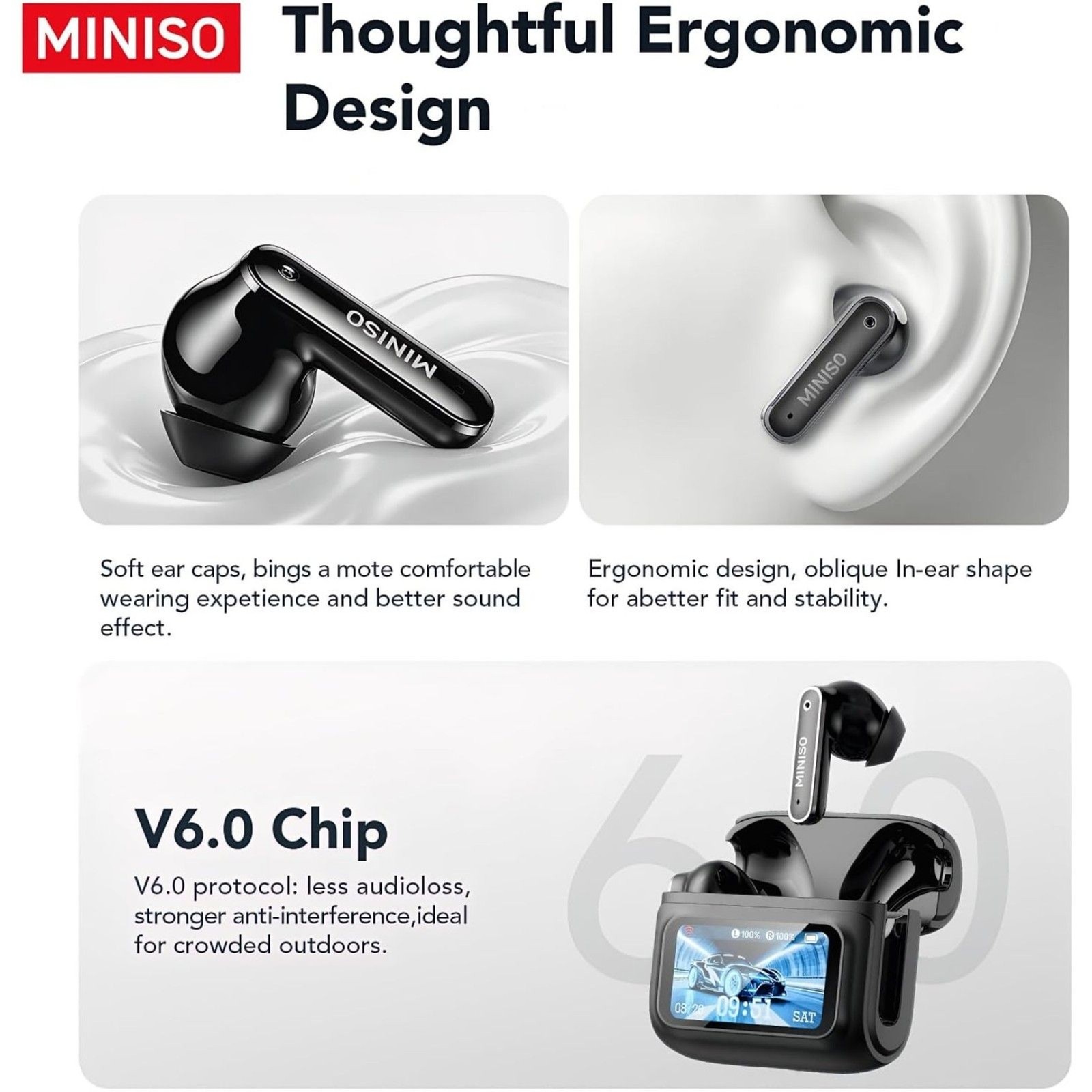 MINISO MS128 Wireless Earbuds Bluetooth 6.0 Adaptive ANC Touch Screen Case Black