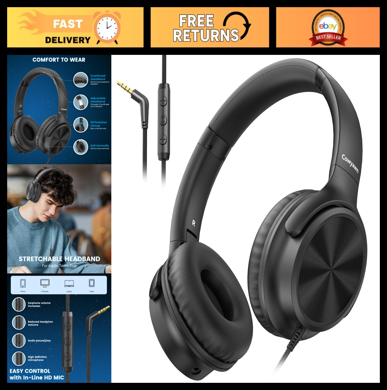Wired Over Ear Headphones with Microphone, Volume Control, HD Stereo Sound, Fold