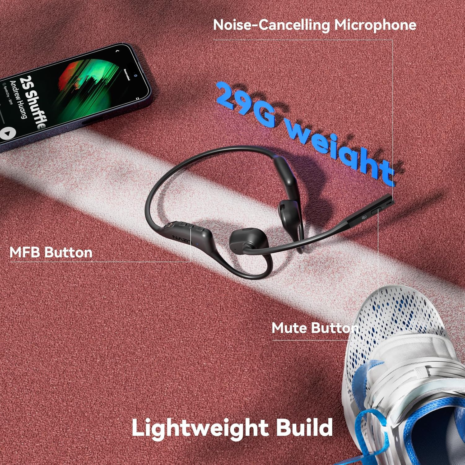 Open Ear Headphones with Mic, 29G Bluetooth Headset with Microphone, Bluetooth H