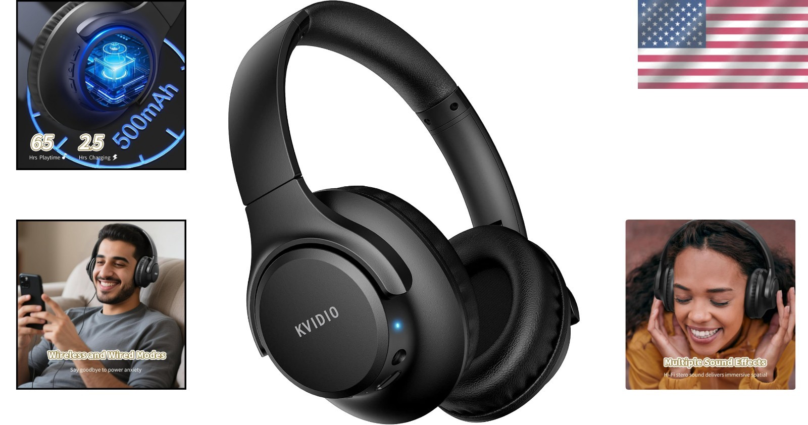 Bluetooth 5.4 Over-Ear Headphones with Deep Bass & 33 Ft Range – Black