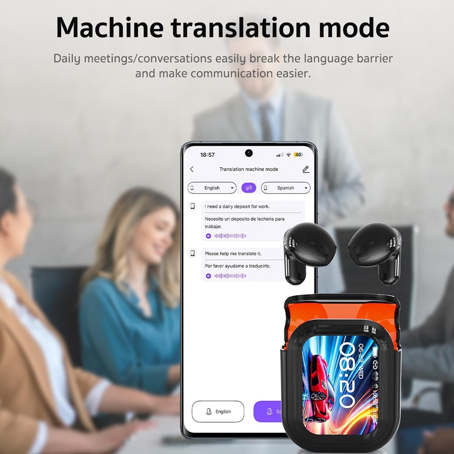 AI Translation Earbuds LCD Touch Screen Real Time 135 Languages ENC Bluetooth