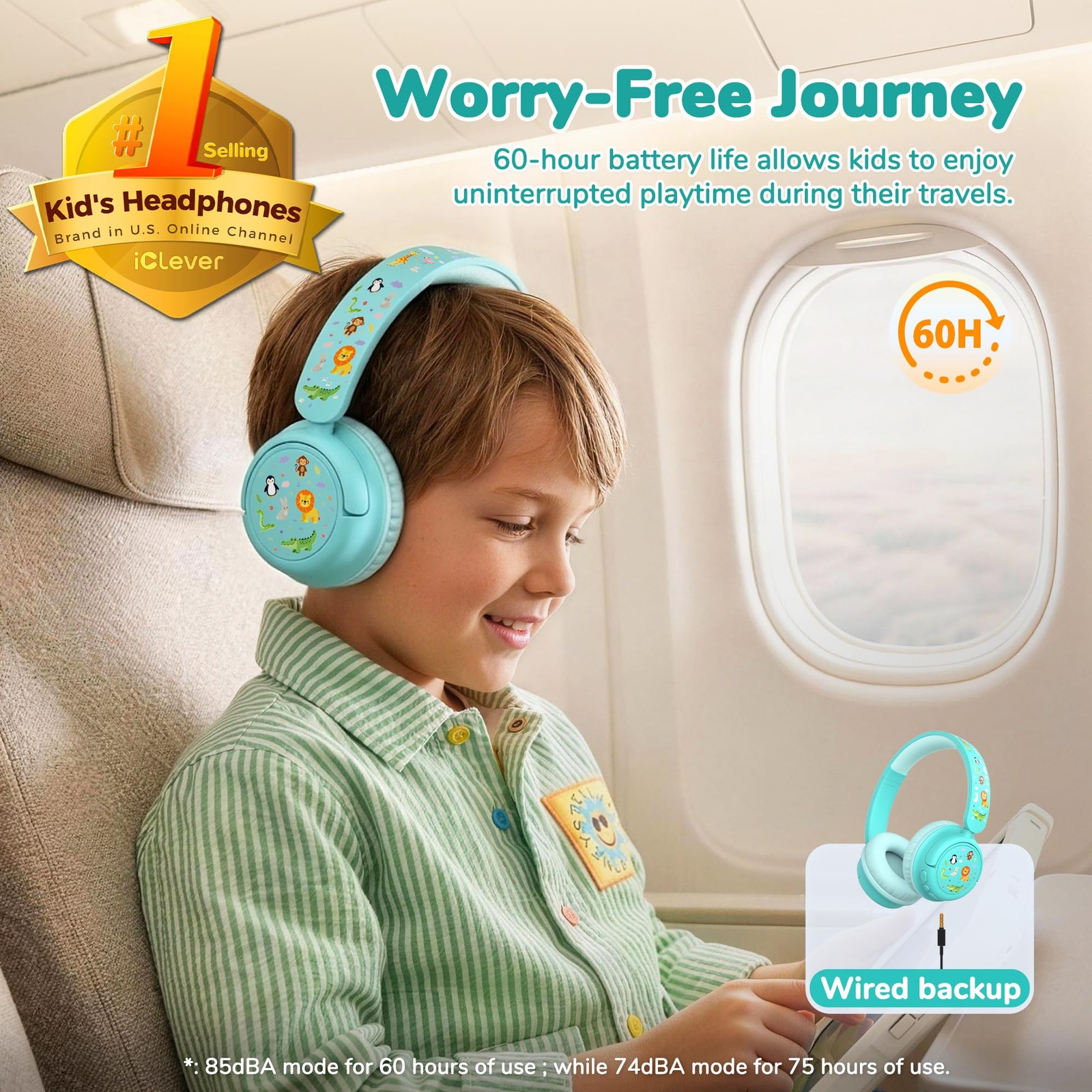 iClever BTH22 Green Kids Headphones: 60H Play, Safe Vol, BT 5.4, USB-C, AUX