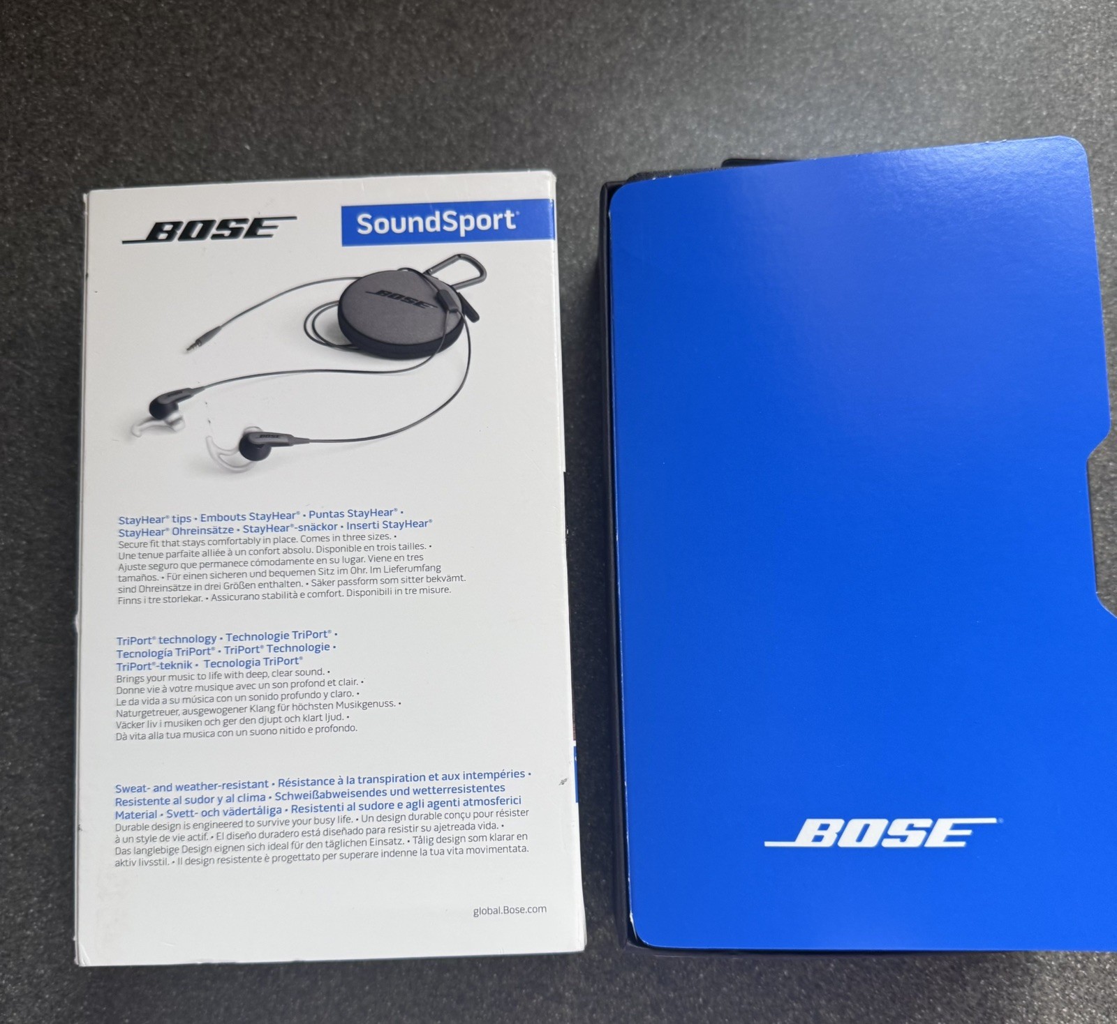 New,open box Bose SoundSport In-Ear Headphones3.5mm jack, (Charcoal)&Travel case