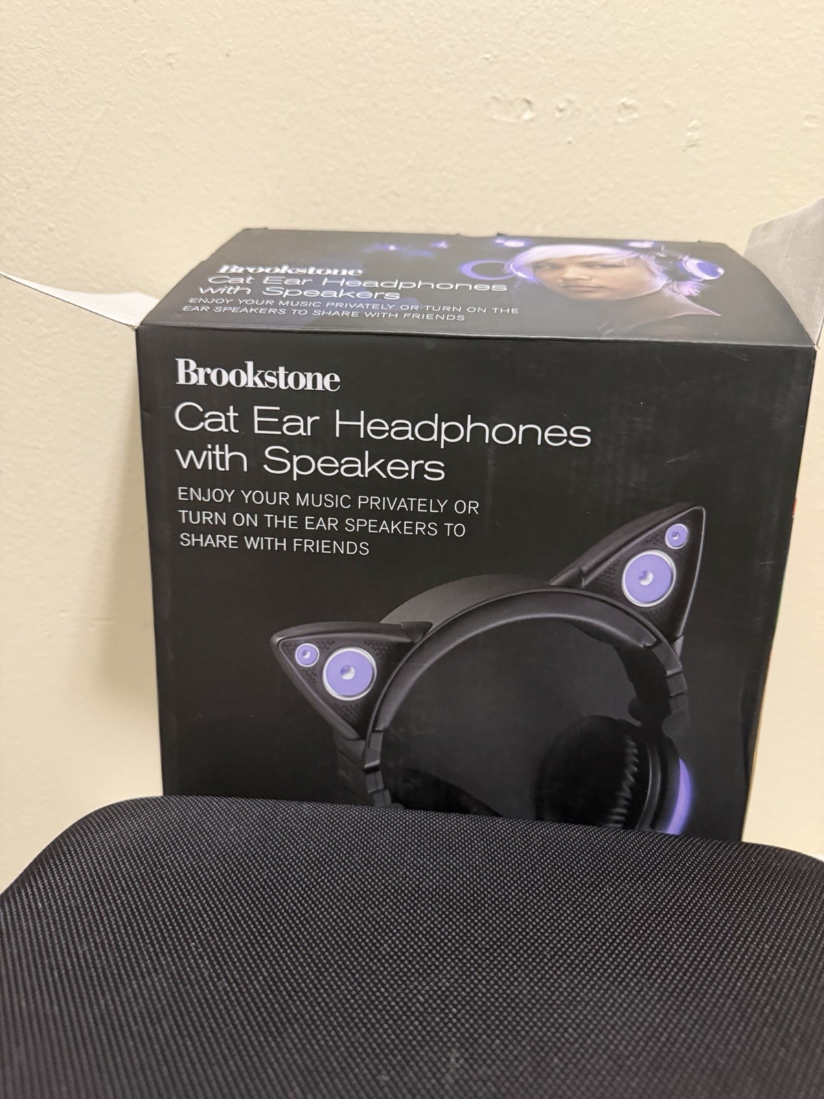 Brookstone Purple Black Cat Ear Headphones w/ Storage Case and Micro USB Cable