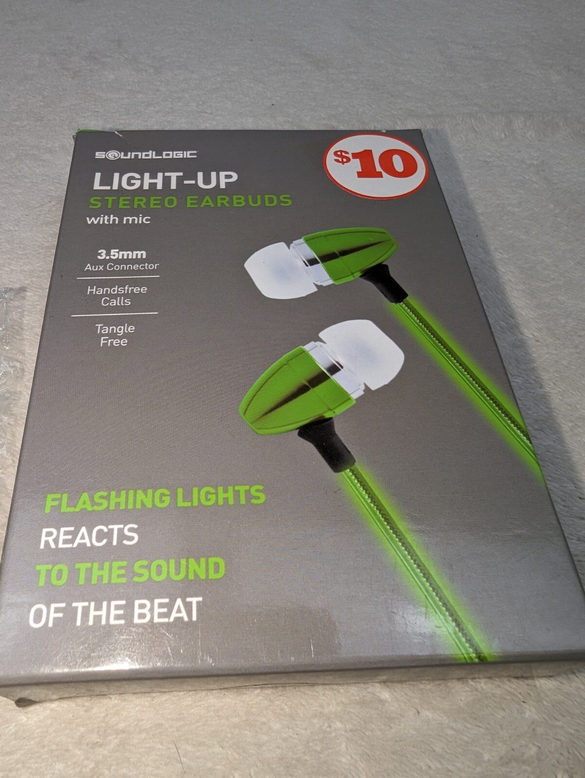 Green Soundlogic Light-Up Stereo Earbuds w/Mic Hands-free Calls Tangle Free 3.5