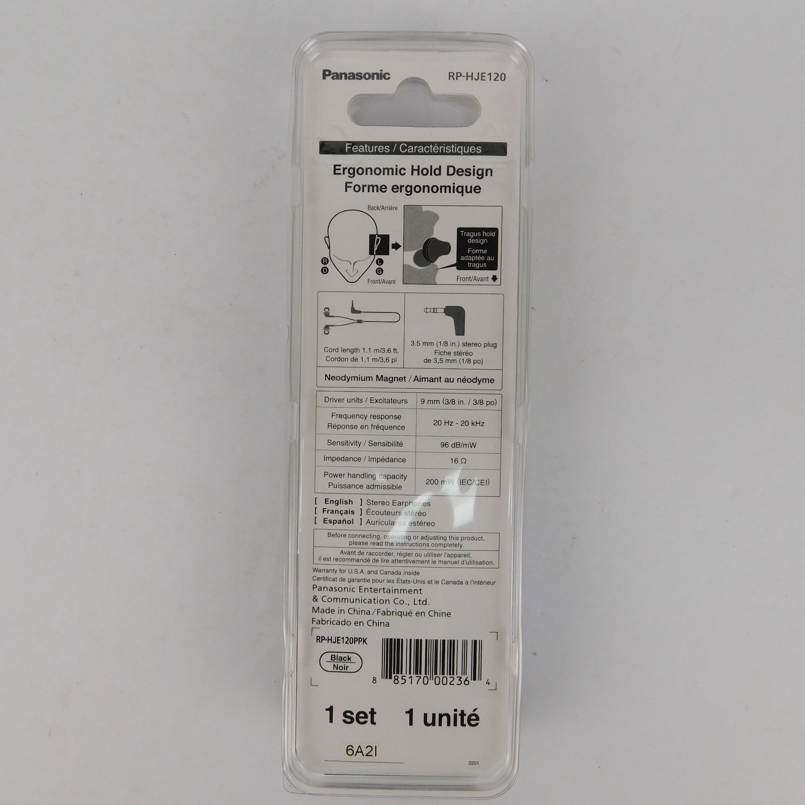 Panasonic RP-HJE120 ErgoFit Earbud Headphones Ergonomic Hold Design Black NEW