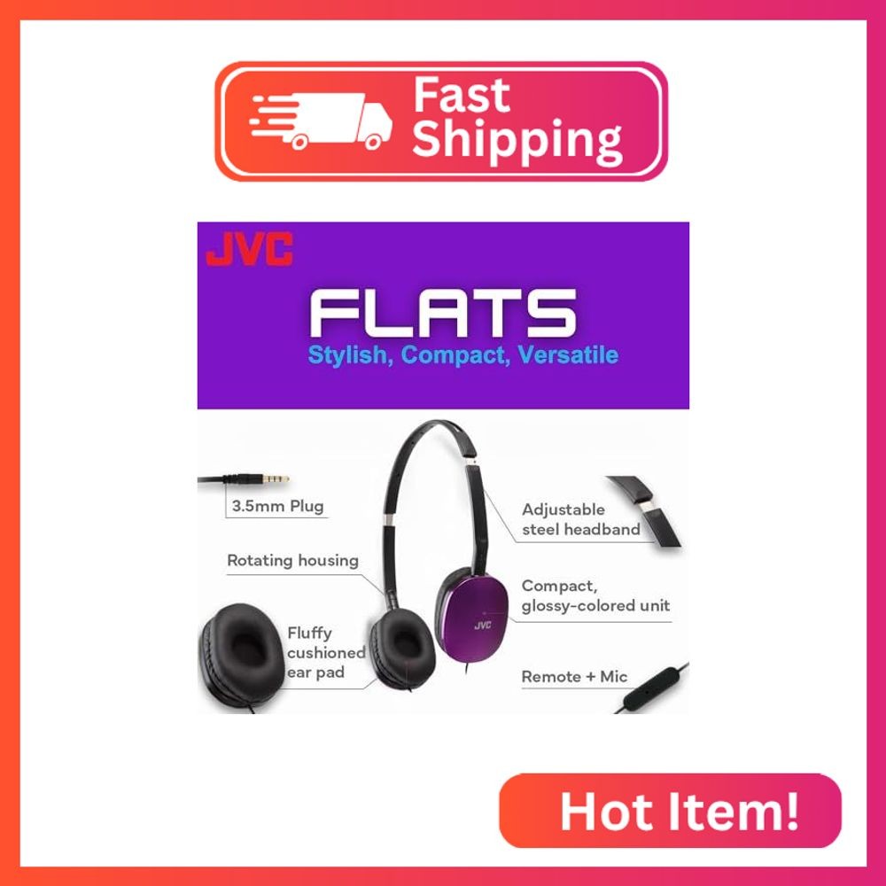 JVC Flats On-Ear Wired Headphones – Flat Foldable Design – 30mm Driver for Power